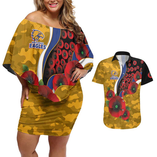 West Eagles ANZAC Personalised Couples Matching Off Shoulder Short Dress and Hawaiian Shirt Lest We Forget Poppy Camo