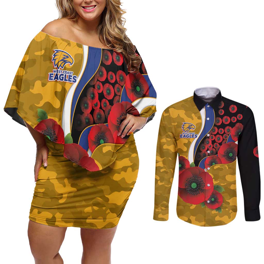 West Eagles ANZAC Personalised Couples Matching Off Shoulder Short Dress and Long Sleeve Button Shirt Lest We Forget Poppy Camo