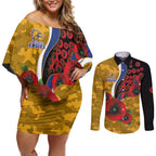 West Eagles ANZAC Personalised Couples Matching Off Shoulder Short Dress and Long Sleeve Button Shirt Lest We Forget Poppy Camo