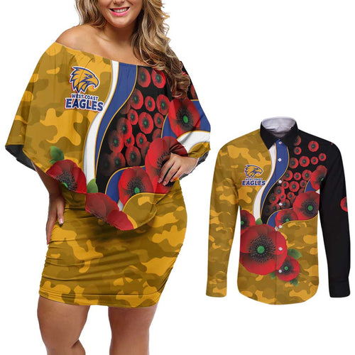 West Eagles ANZAC Personalised Couples Matching Off Shoulder Short Dress and Long Sleeve Button Shirt Lest We Forget Poppy Camo
