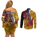 West Eagles ANZAC Personalised Couples Matching Off Shoulder Short Dress and Long Sleeve Button Shirt Lest We Forget Poppy Camo