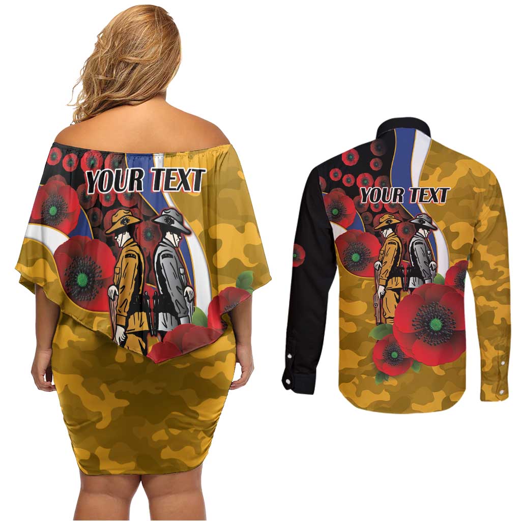 West Eagles ANZAC Personalised Couples Matching Off Shoulder Short Dress and Long Sleeve Button Shirt Lest We Forget Poppy Camo
