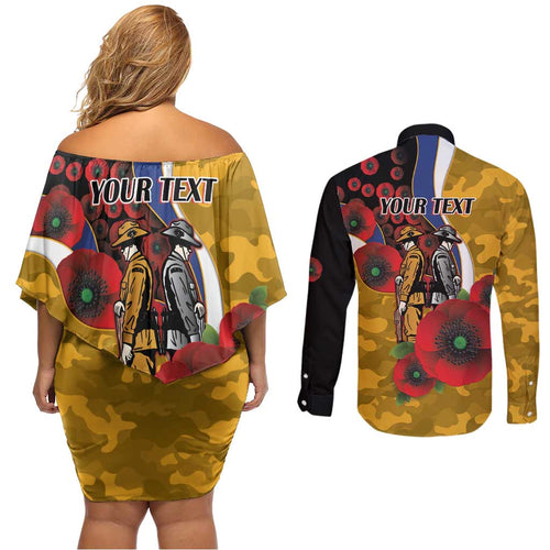 West Eagles ANZAC Personalised Couples Matching Off Shoulder Short Dress and Long Sleeve Button Shirt Lest We Forget Poppy Camo