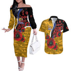 West Eagles ANZAC Personalised Couples Matching Off The Shoulder Long Sleeve Dress and Hawaiian Shirt Lest We Forget Poppy Camo