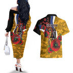 West Eagles ANZAC Personalised Couples Matching Off The Shoulder Long Sleeve Dress and Hawaiian Shirt Lest We Forget Poppy Camo