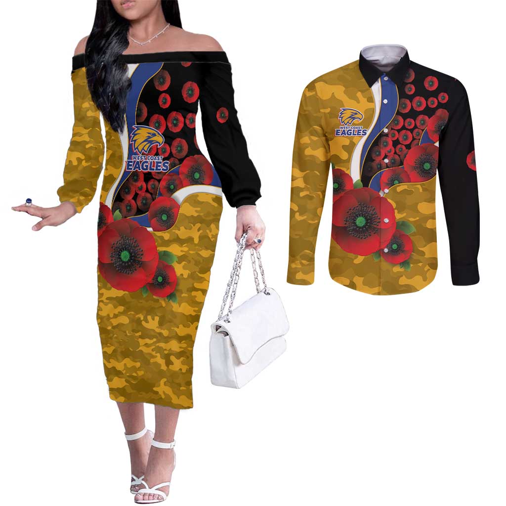 West Eagles ANZAC Personalised Couples Matching Off The Shoulder Long Sleeve Dress and Long Sleeve Button Shirt Lest We Forget Poppy Camo