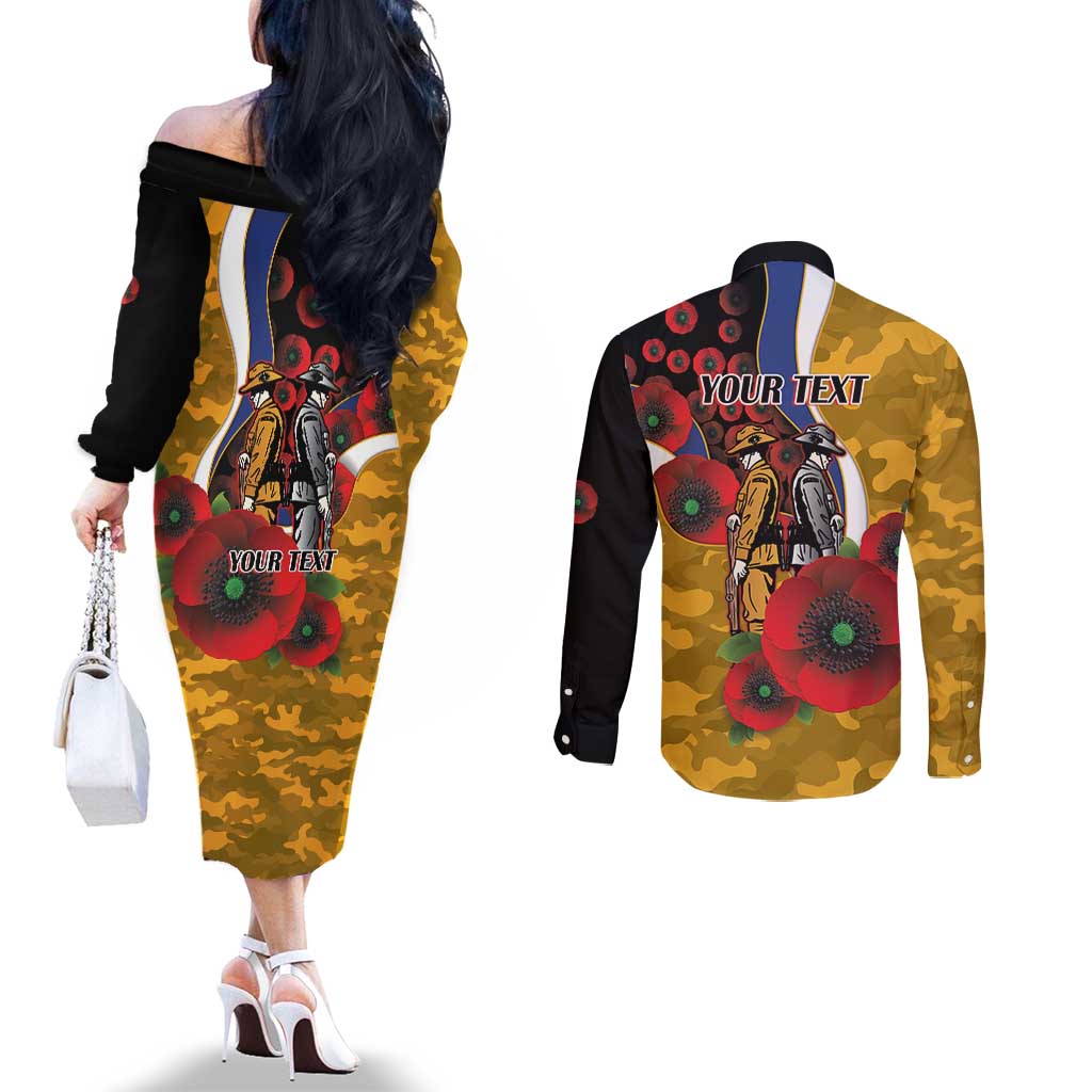 West Eagles ANZAC Personalised Couples Matching Off The Shoulder Long Sleeve Dress and Long Sleeve Button Shirt Lest We Forget Poppy Camo