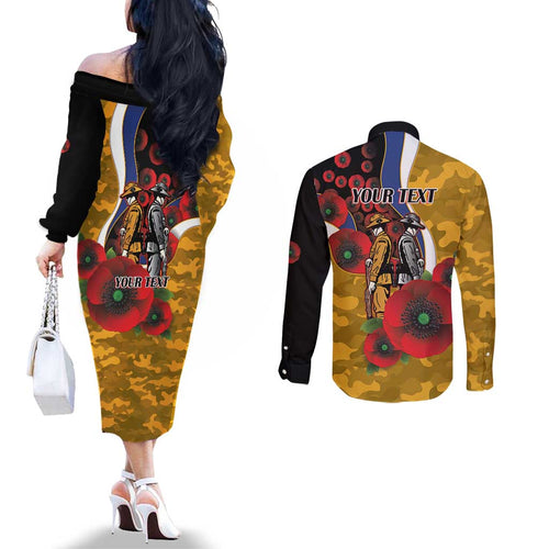 West Eagles ANZAC Personalised Couples Matching Off The Shoulder Long Sleeve Dress and Long Sleeve Button Shirt Lest We Forget Poppy Camo