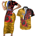 West Eagles ANZAC Personalised Couples Matching Short Sleeve Bodycon Dress and Hawaiian Shirt Lest We Forget Poppy Camo