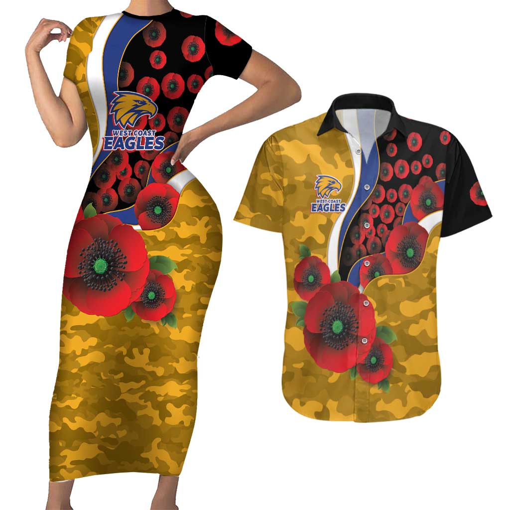 West Eagles ANZAC Personalised Couples Matching Short Sleeve Bodycon Dress and Hawaiian Shirt Lest We Forget Poppy Camo
