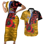 West Eagles ANZAC Personalised Couples Matching Short Sleeve Bodycon Dress and Hawaiian Shirt Lest We Forget Poppy Camo