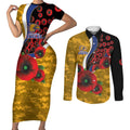 West Eagles ANZAC Personalised Couples Matching Short Sleeve Bodycon Dress and Long Sleeve Button Shirt Lest We Forget Poppy Camo