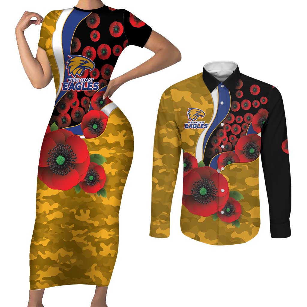 West Eagles ANZAC Personalised Couples Matching Short Sleeve Bodycon Dress and Long Sleeve Button Shirt Lest We Forget Poppy Camo
