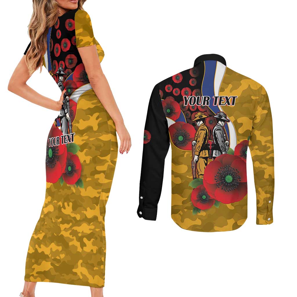 West Eagles ANZAC Personalised Couples Matching Short Sleeve Bodycon Dress and Long Sleeve Button Shirt Lest We Forget Poppy Camo