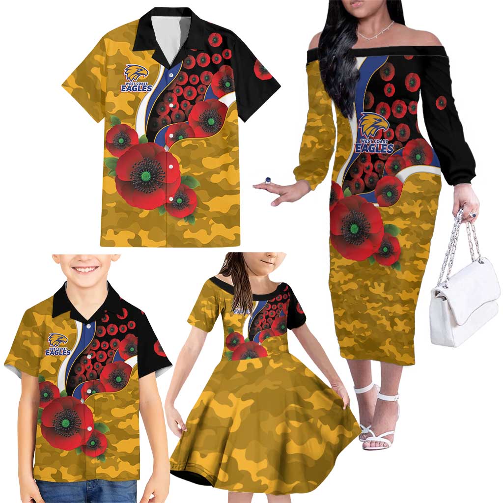 West Eagles ANZAC Personalised Family Matching Off The Shoulder Long Sleeve Dress and Hawaiian Shirt Lest We Forget Poppy Camo