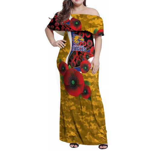 West Eagles ANZAC Personalised Family Matching Off Shoulder Maxi Dress and Hawaiian Shirt Lest We Forget Poppy Camo