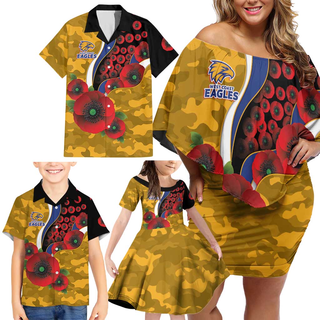 West Eagles ANZAC Personalised Family Matching Off Shoulder Short Dress and Hawaiian Shirt Lest We Forget Poppy Camo