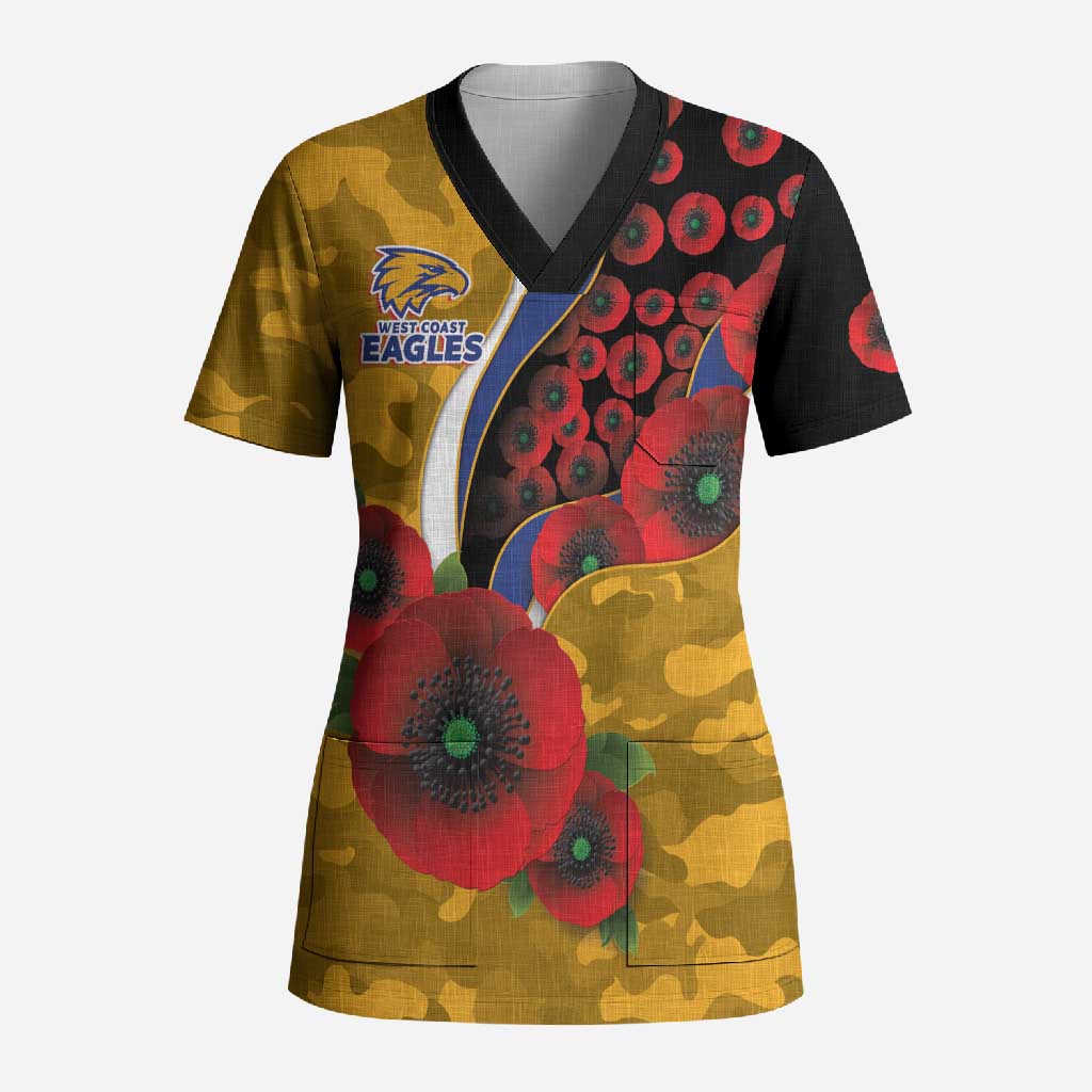 West Eagles ANZAC Personalised Scrub Top Lest We Forget Poppy Camo