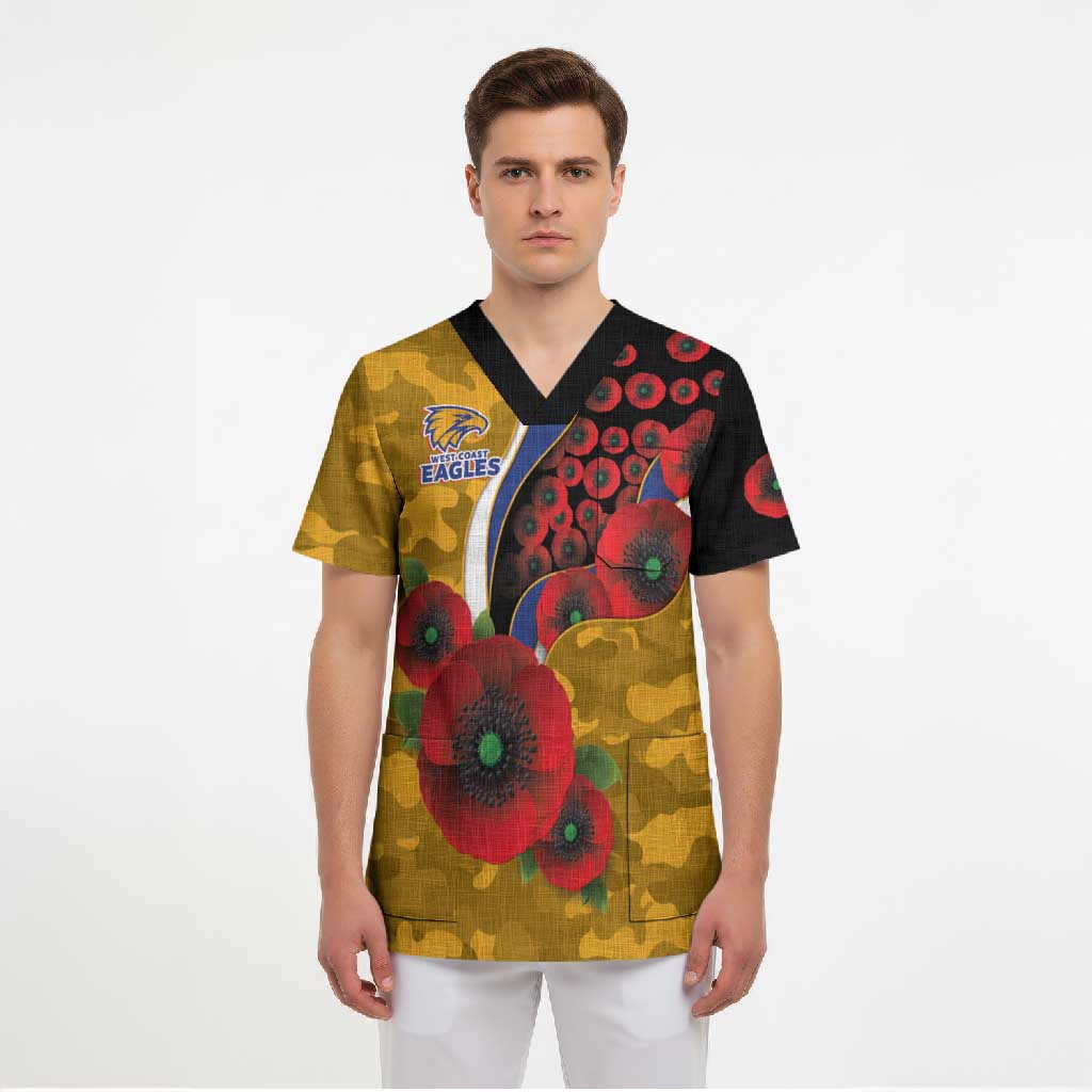 West Eagles ANZAC Personalised Scrub Top Lest We Forget Poppy Camo