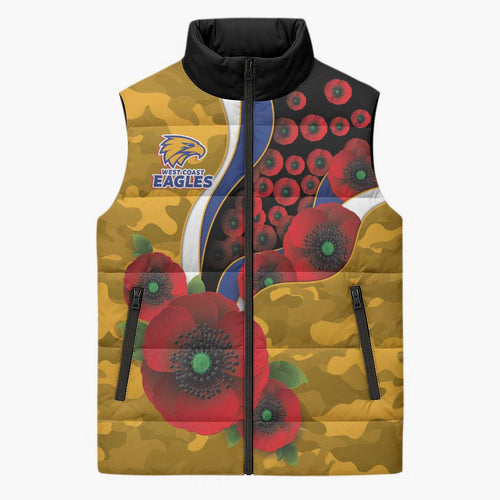 West Eagles ANZAC Personalised Sleeveless Puffer Jacket Lest We Forget Poppy Camo