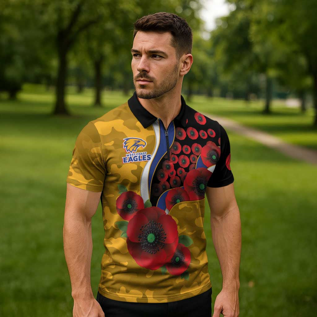 West Eagles ANZAC Personalised Zipper Polo Shirt Lest We Forget Poppy Camo