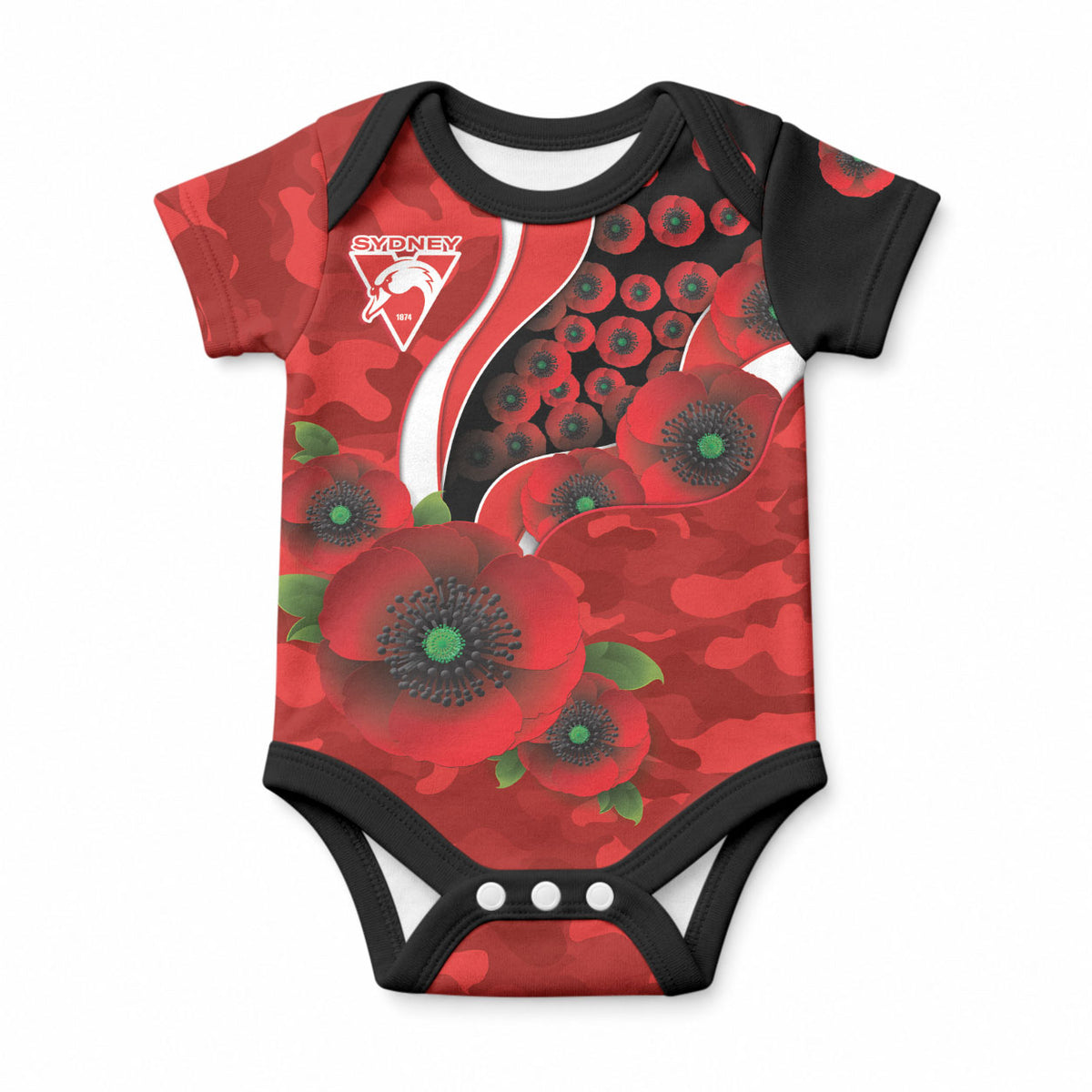 Sydney Swans ANZAC Personalised Baby Onesie Lest We Forget Poppy Camo