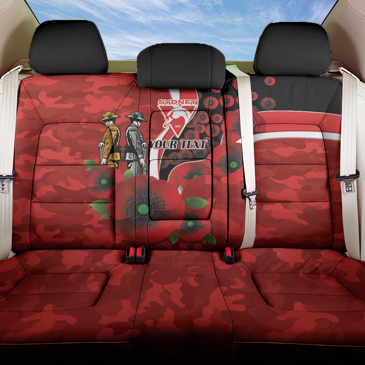 Sydney Swans ANZAC Personalised Back Car Seat Cover Lest We Forget Poppy Camo