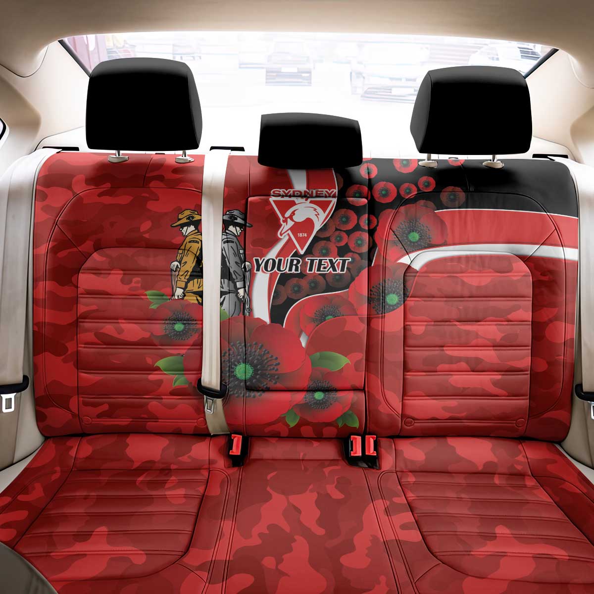 Sydney Swans ANZAC Personalised Back Car Seat Cover Lest We Forget Poppy Camo