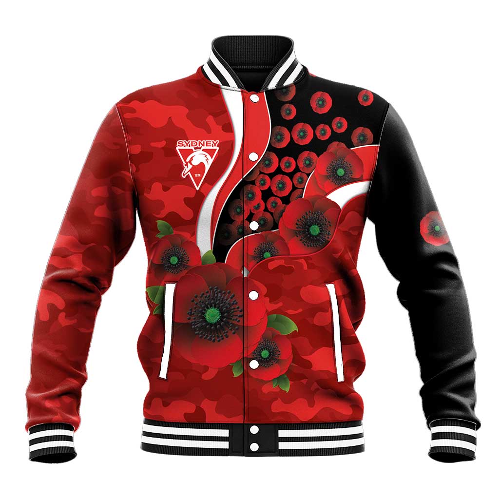Sydney Swans ANZAC Personalised Baseball Jacket Lest We Forget Poppy Camo