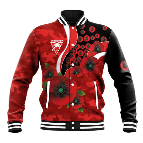 Sydney Swans ANZAC Personalised Baseball Jacket Lest We Forget Poppy Camo