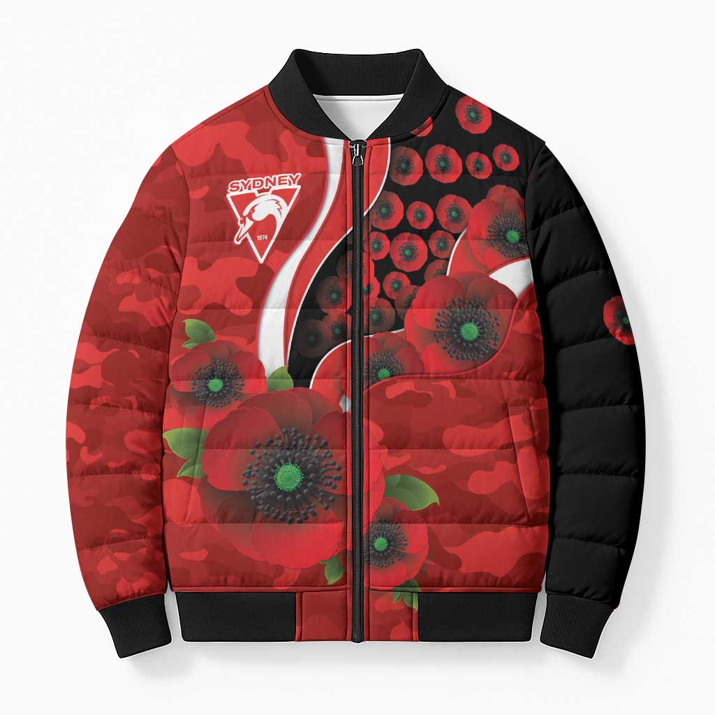 Sydney Swans ANZAC Personalised Bomber Puffer Jacket Lest We Forget Poppy Camo