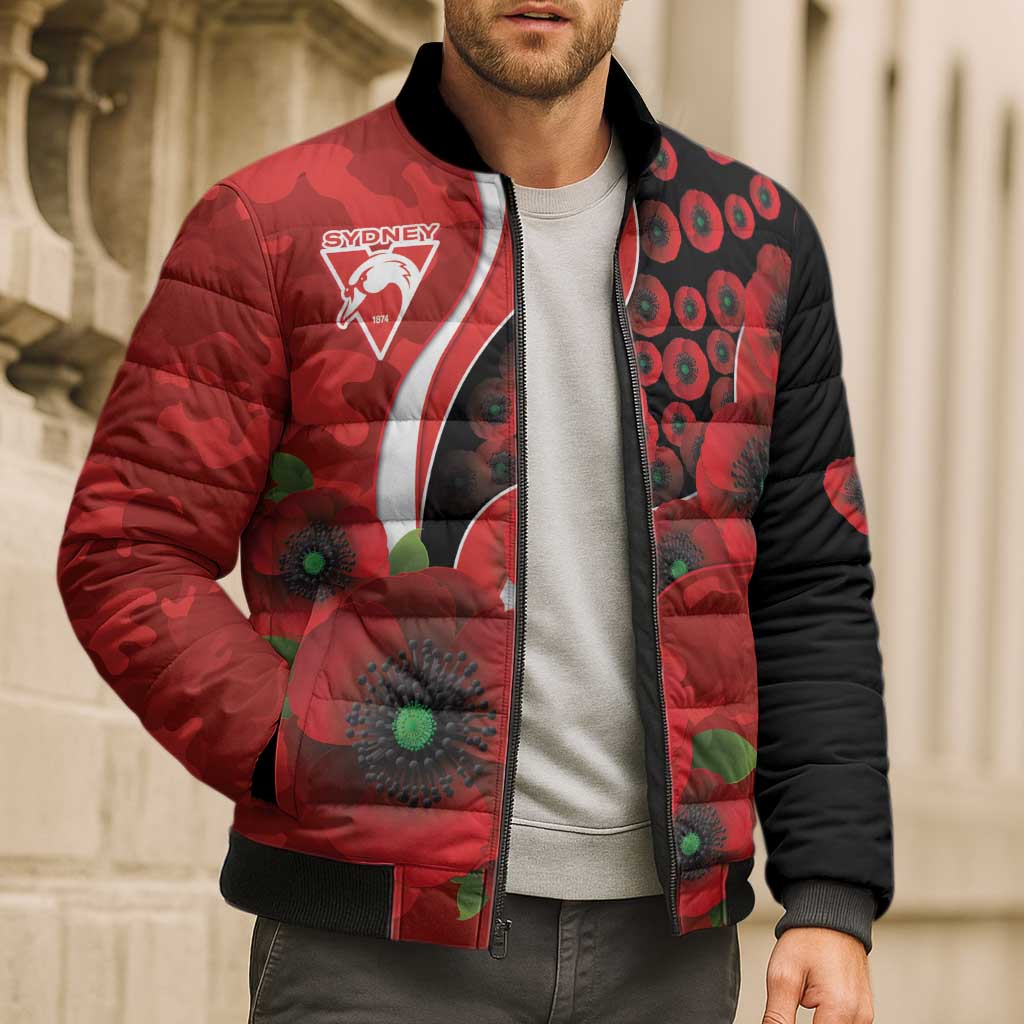 Sydney Swans ANZAC Personalised Bomber Puffer Jacket Lest We Forget Poppy Camo
