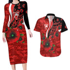 Sydney Swans ANZAC Personalised Couples Matching Long Sleeve Bodycon Dress and Hawaiian Shirt Lest We Forget Poppy Camo