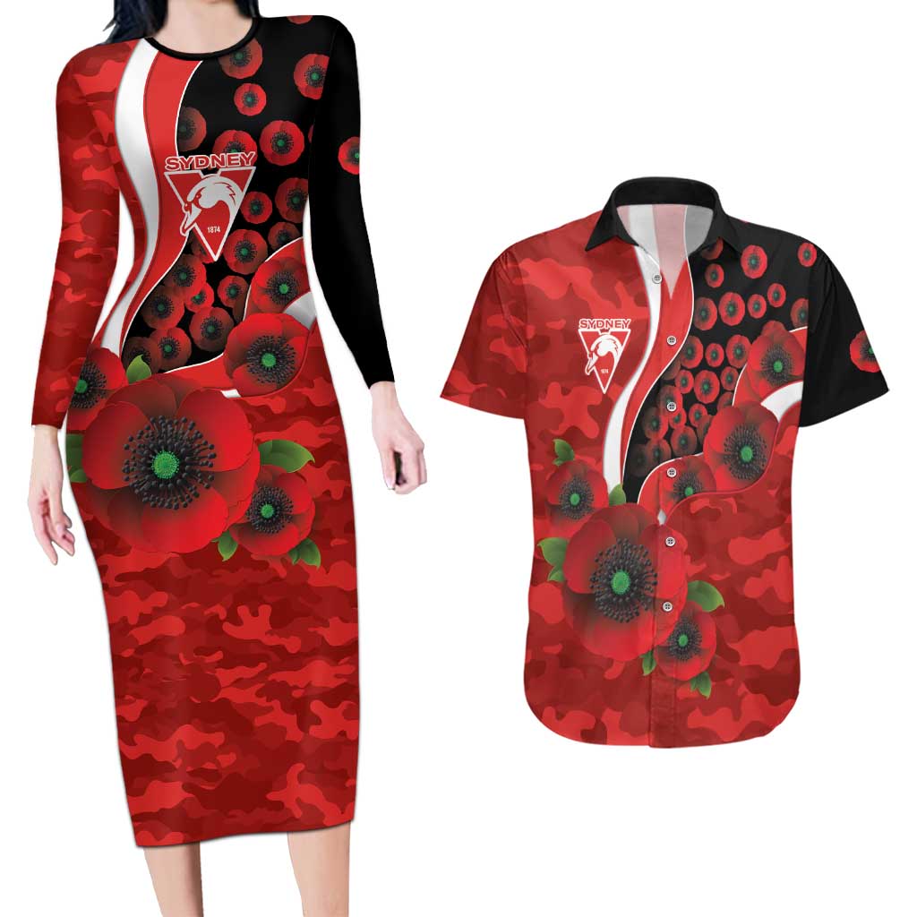 Sydney Swans ANZAC Personalised Couples Matching Long Sleeve Bodycon Dress and Hawaiian Shirt Lest We Forget Poppy Camo