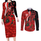 Sydney Swans ANZAC Personalised Couples Matching Long Sleeve Bodycon Dress and Long Sleeve Button Shirt Lest We Forget Poppy Camo