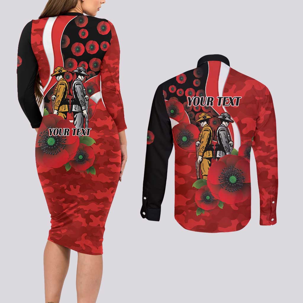 Sydney Swans ANZAC Personalised Couples Matching Long Sleeve Bodycon Dress and Long Sleeve Button Shirt Lest We Forget Poppy Camo
