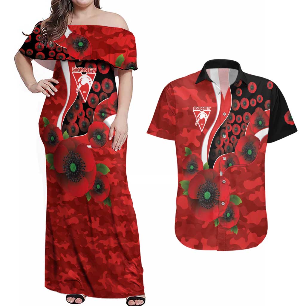 Sydney Swans ANZAC Personalised Couples Matching Off Shoulder Maxi Dress and Hawaiian Shirt Lest We Forget Poppy Camo