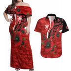 Sydney Swans ANZAC Personalised Couples Matching Off Shoulder Maxi Dress and Hawaiian Shirt Lest We Forget Poppy Camo