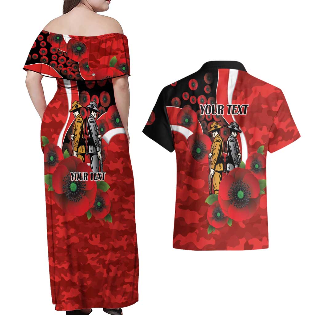 Sydney Swans ANZAC Personalised Couples Matching Off Shoulder Maxi Dress and Hawaiian Shirt Lest We Forget Poppy Camo