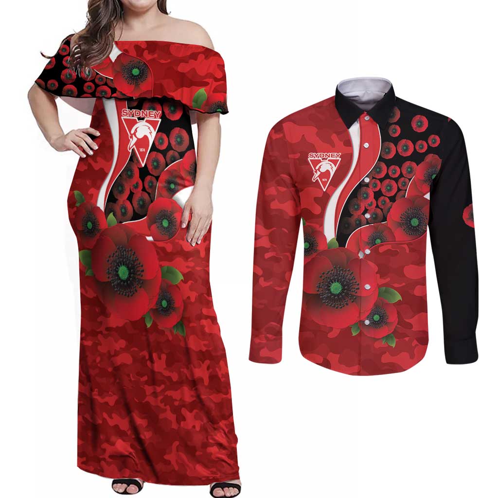 Sydney Swans ANZAC Personalised Couples Matching Off Shoulder Maxi Dress and Long Sleeve Button Shirt Lest We Forget Poppy Camo