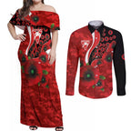 Sydney Swans ANZAC Personalised Couples Matching Off Shoulder Maxi Dress and Long Sleeve Button Shirt Lest We Forget Poppy Camo
