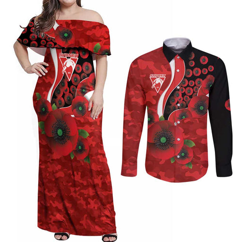 Sydney Swans ANZAC Personalised Couples Matching Off Shoulder Maxi Dress and Long Sleeve Button Shirt Lest We Forget Poppy Camo