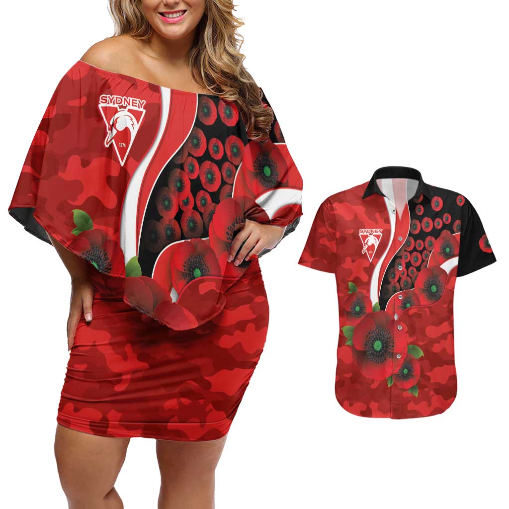 Sydney Swans ANZAC Personalised Couples Matching Off Shoulder Short Dress and Hawaiian Shirt Lest We Forget Poppy Camo