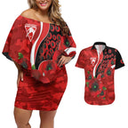 Sydney Swans ANZAC Personalised Couples Matching Off Shoulder Short Dress and Hawaiian Shirt Lest We Forget Poppy Camo
