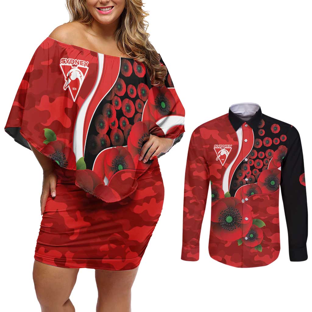Sydney Swans ANZAC Personalised Couples Matching Off Shoulder Short Dress and Long Sleeve Button Shirt Lest We Forget Poppy Camo