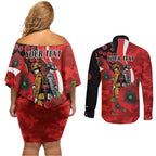 Sydney Swans ANZAC Personalised Couples Matching Off Shoulder Short Dress and Long Sleeve Button Shirt Lest We Forget Poppy Camo