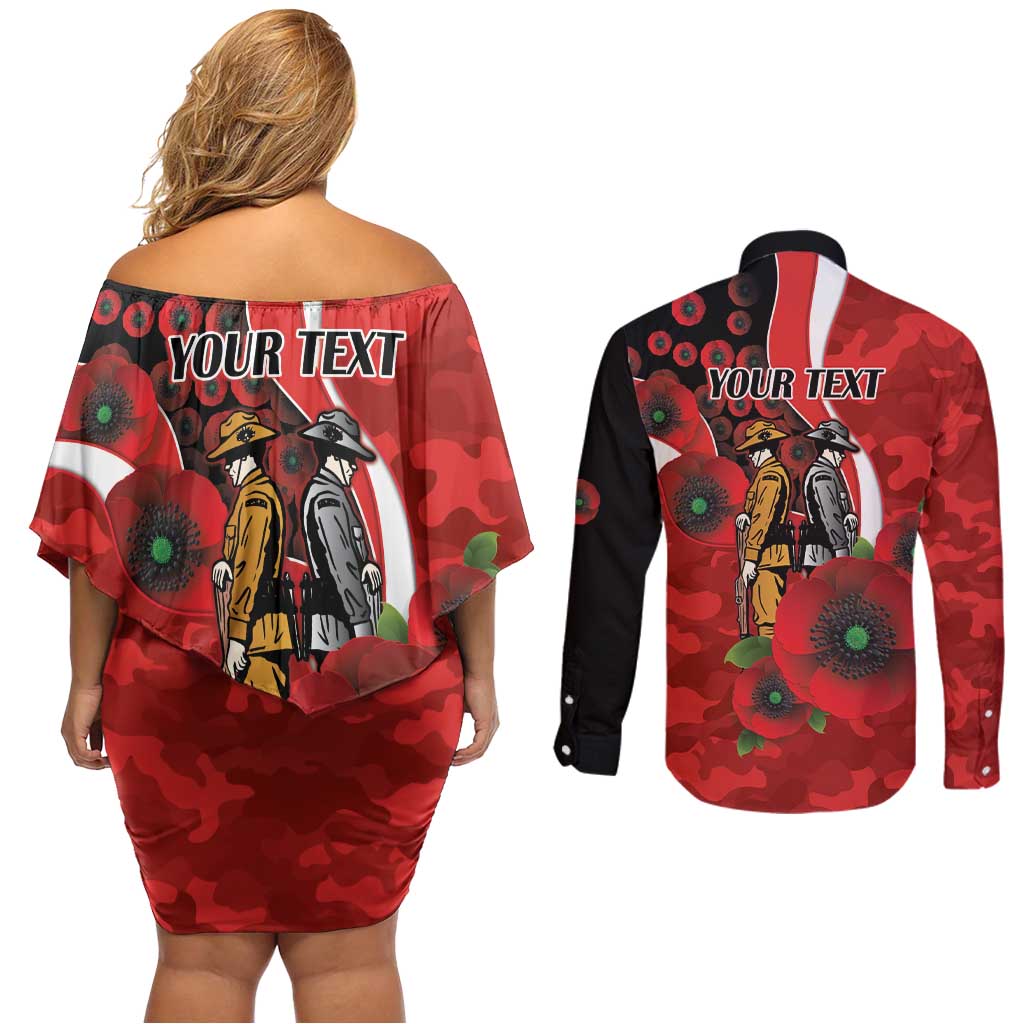 Sydney Swans ANZAC Personalised Couples Matching Off Shoulder Short Dress and Long Sleeve Button Shirt Lest We Forget Poppy Camo
