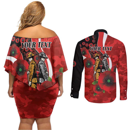 Sydney Swans ANZAC Personalised Couples Matching Off Shoulder Short Dress and Long Sleeve Button Shirt Lest We Forget Poppy Camo