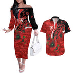 Sydney Swans ANZAC Personalised Couples Matching Off The Shoulder Long Sleeve Dress and Hawaiian Shirt Lest We Forget Poppy Camo