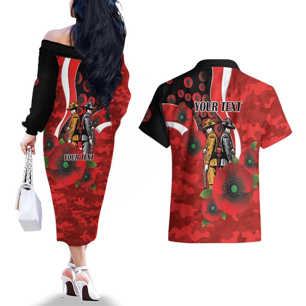 Sydney Swans ANZAC Personalised Couples Matching Off The Shoulder Long Sleeve Dress and Hawaiian Shirt Lest We Forget Poppy Camo